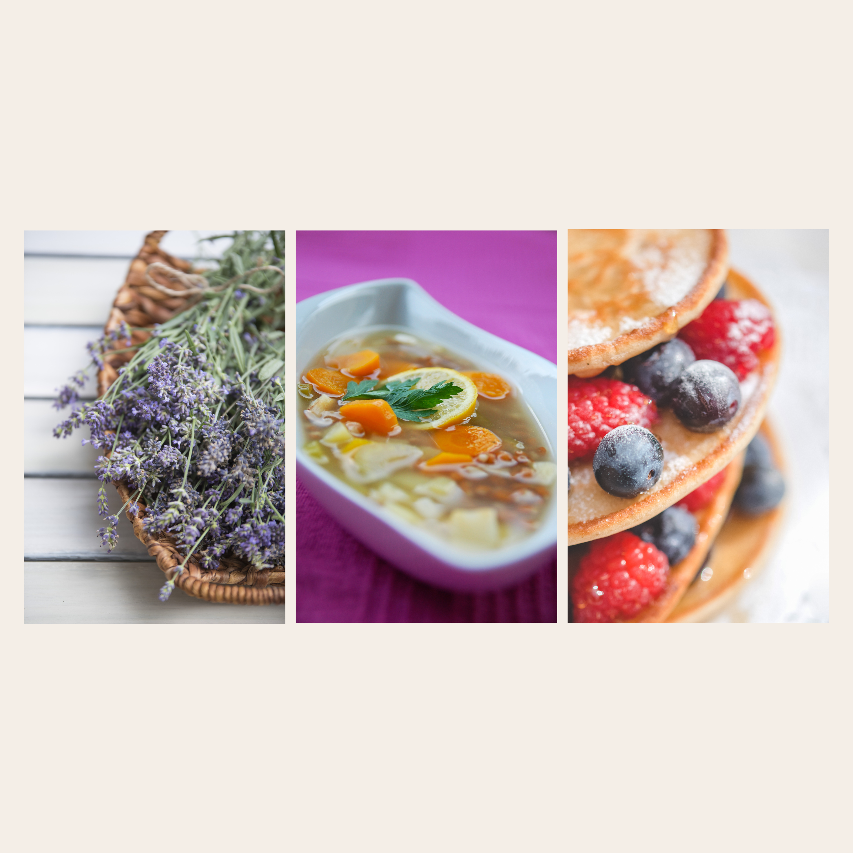 lavendel, suppe, pancakes, obst